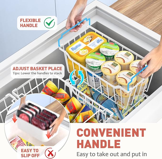 Goovilla Freezer Organizer Bins with Foldable Handle, 4 Pack Stackable Freezer Baskets for 3.5-7 Cu.FT Deep Chest Freezer Organization, White Metal Freezer Storage Bins with Better Space Utilization