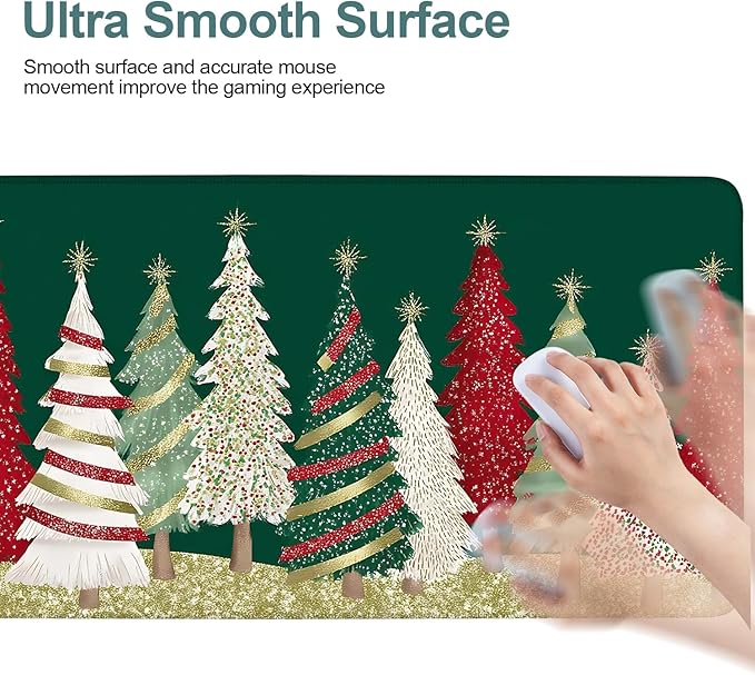 Christmas Tree - Green Gaming Mouse Pad 35.4"x15.7"Desk Mat Anti-Slip Rubber Base & Durable Stitched Edges for Gamers Smooth Mouse Writing Surface for Desk Office/Home