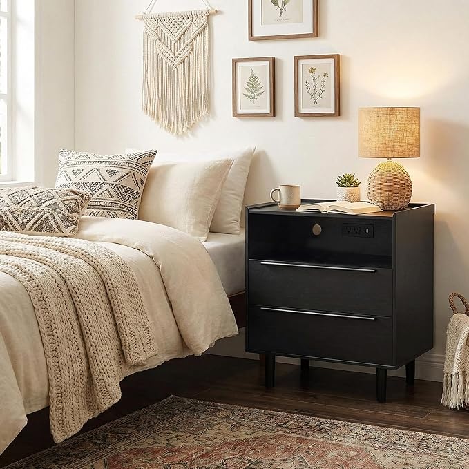26" Tall Black Nightstand with Charging Station, 2 Drawer Contemporary Modern Bedside Table with Tray Top, USB Ports, Outlets & Open Shelf for Bedroom or Living Room