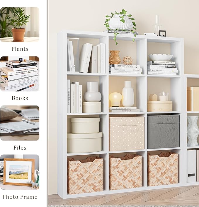 Cube Storage Organizer Bookcase, Decorative 11 inch Open Back Cubical Shelf with Thickened Border, Display Bookshelf for Living Room, Home Office, Sturdy Room (White, 12 Cube)