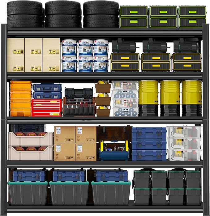Storage Shelves, Garage Metal Shelving Unit, Adjustable, Double-Layer Column with Reinforced Ribs, Heavy-Duty, Capable of Bearing 600-3600 lbs (Black, 45''W*20''D*63''H, 5-Tier)