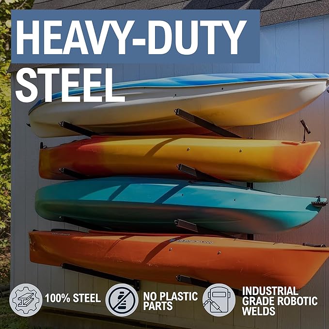 StoreYourBoard G-Kayak Wall Rack – Heavy-Duty Outdoor Kayak Rack for 4 Boats, Adjustable Storage Wall Mount Hanger, Space-Saving Outdoor Storage for Kayak Wall Mount - Holds 400 lbs - Silver