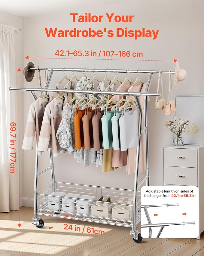 VEVOR Clothes Rack, Rolling Clothing Garment Rack, Extendable Carbon Steel Clothing Racks with Wheels for Bedroom, Laundry, Living Room
