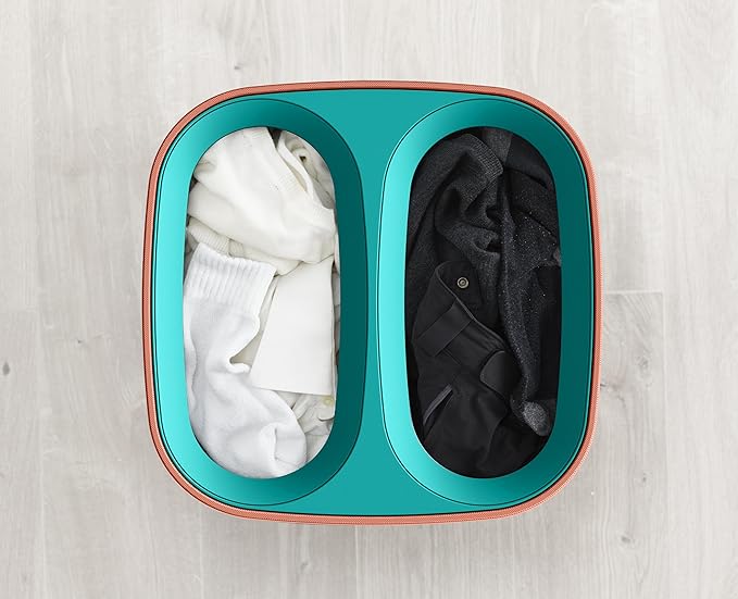 Joseph Joseph Tota Pop 60 liter/15.8 gallon Laundry Hamper Separation Basket with lid, 2 Removable Washing Bags with Handles- Coral/Green