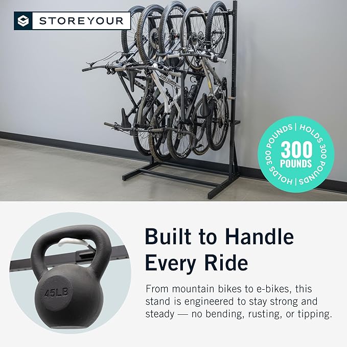 StoreYourBoard Indoor Bike Rack - Freestanding 5 Bike Storage Stand - Heavy-Duty Bike Holder for Garage or Home - Space-Saving Indoor Bike Stands for Road, Mountain, and Hybrid Bicycles - Black