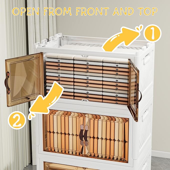 Storage Bins with Lids and Wheels, Collapsible Bathroom Storage Cabinet with Clear Doors, Plastic Stackable Closet Organizers and Storage Containers White 628 QT