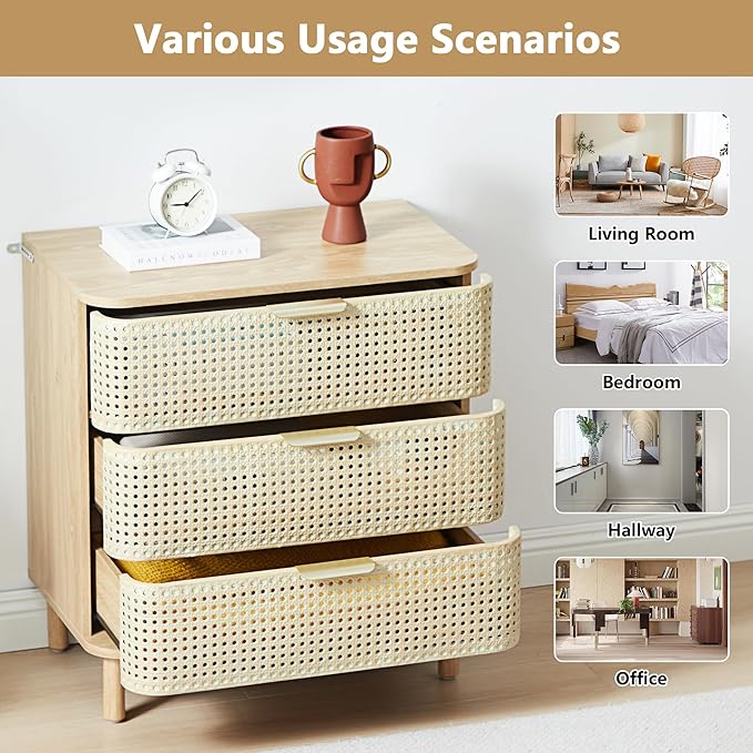 ORRD 3 Drawer Dresser Set of 2, Modern Iron Rattan Cabinet Dresser for Bedroom, Large Nightstand Accent Storage Chest of Drawers for Living Room, Bedroom - Natural
