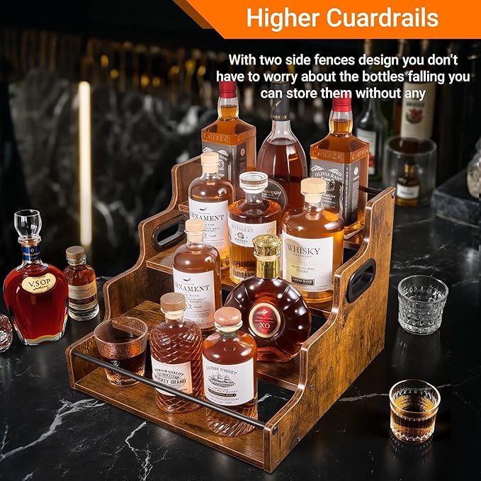 2 Pack 4-Tier Liquor Bottle Display Shelf, 16-Inch Wooden Bar Shelves for Liquor Bottles, Countertop Whiskey Shelf and Bourbon Shelf Organizer for Home Bar, Kitchen (Rustic Brown)