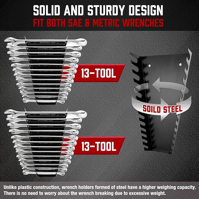 ALOANES 52-Slot Metal Wrench Organizer, Heavy Duty Tool Tray for Tool Box, Fit SAE & Metric Wrench Storage, 4 Pack Wrenches Holders(Black)