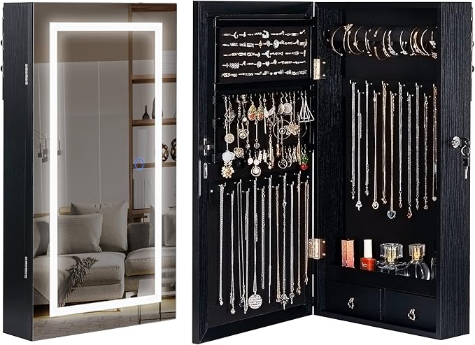 LAVIEVERT Jewelry Armoire with LED Lighted Mirror, Wall/Door Mounted Frameless Mirror with 3 Color Lights, Lockable Jewelry Cabinet Hanging Jewelry Organizer with 2 Drawers - Black