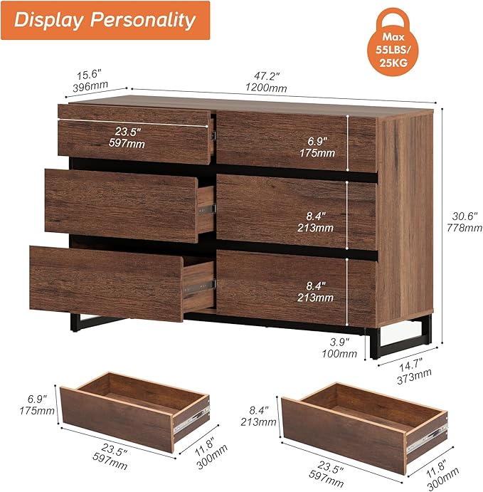 WAMPAT Dresser for Bedroom, Modern Wood Dresser with 6 Drawers, Chest of Drawers with Metal Base, Closet Organizers Storage for Living Room, Bedroom, Brown