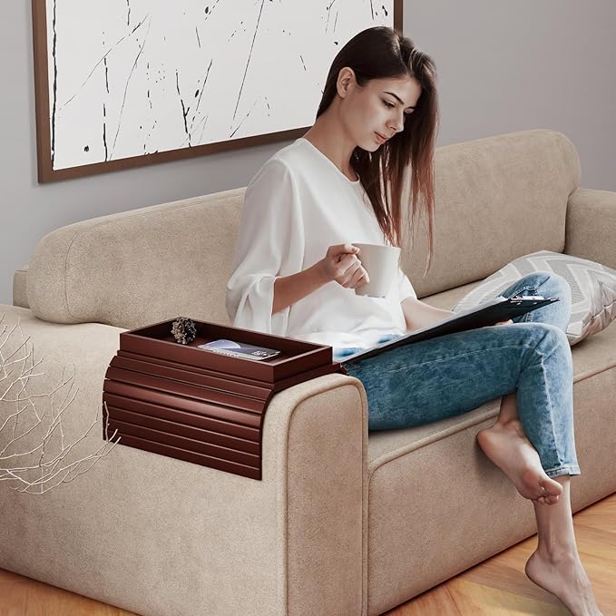 Sofa Armrest Tray Table for Couch - 2-in-1 Foldable Couch Arm Table with Be Slide Detachable Tray - Anti-Slip Sofa Armchair Caddy for Drinks Cup Cellphone TV Remote Snacks (Walnut)