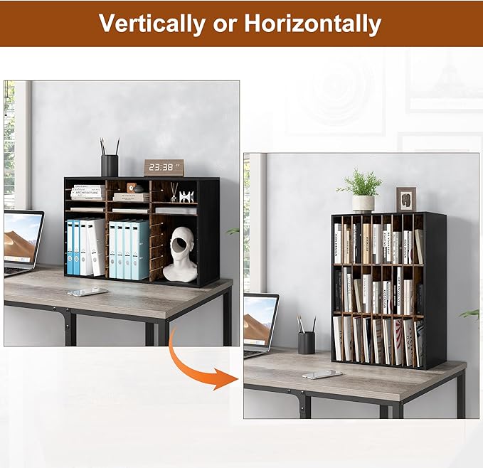 Literature Organizer 27 Slots Wooden Mailboxes for Classroom Office Mail Organizer Countertop Vertical File Sorter with Adjustable Shelves Heavy Duty Office Mailbox Cubbies, Black/Rustic Brown