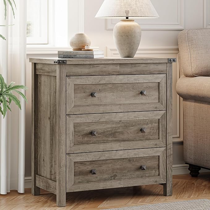 Dresser for Bedroom with 3 Drawers, Small Chests of Drawers, 27.55" Wide Farmhouse Wood Nightstand Bedside Cabinet End Table, Modern Closet Storage Organizer for Living Room, Entryway, Hallway, Grey