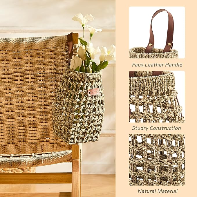 Woven Front Door Basket Water Hyacinth Wall Hanging Basket Decorative Boho Mounted Organizer for Dried Flower Plants Storage Basket for Garden, Home, and Farmhouse Décor (C_Seagrass)