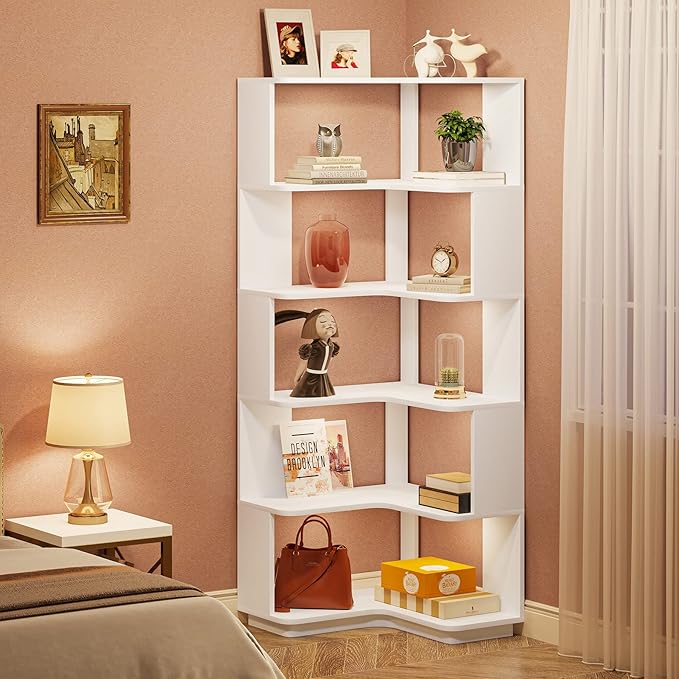 Tribesigns 6-Tier Corner Bookshelf, 64.9 Inches Tall Corner Book Shelf with Anti-Drop Panel, Modern Bookcase with Storage, Wood Display Shelving Unit for Home Office, Living Room, White