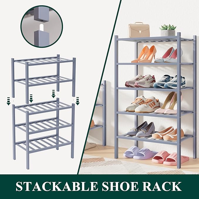 Smiry Bamboo Shoe Rack for Closet, 5 Tier Small Wooden Stackable Shoe Organizer, Free Standing Shoes Storage Shelf for Entryway, Front Door Entrance, Grey