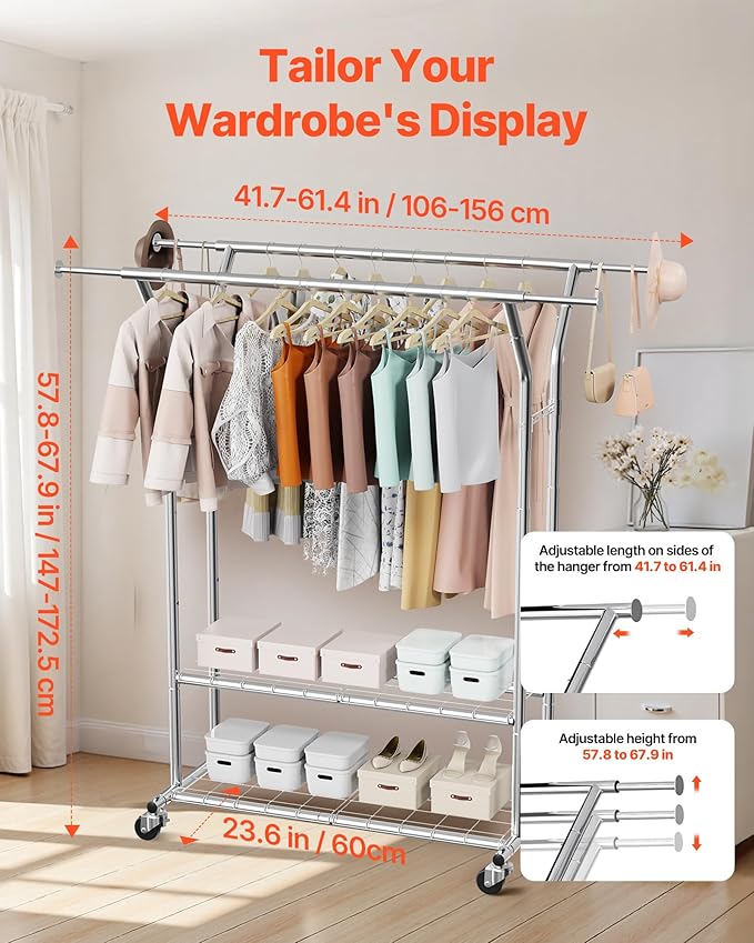 VEVOR Clothes Rack, Rolling Clothing Garment Rack, Extendable Carbon Steel Clothing Racks with Wheels for Bedroom, Laundry, Living Room