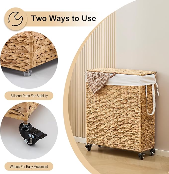Rolling Laundry Hamper with Lid and Wheels, Slim Laundry Basket with Removable Liner Bag & 2 Mesh Bags, Handwoven Water Hyacinth Clothes Hamper for Bedroom Bathroom (Natural, 85L)