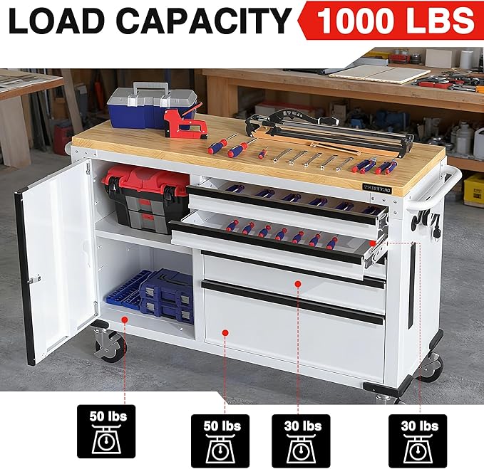 WORKPRO 52" x 20" 5-Drawer & 1-Door Rolling Tool Chest, Heavy Duty Tool Chest with Wheels, Power Strip, Locking System, Rolling Cabinet for Garage, Home & Kitchen, 1000 lbs Capacity