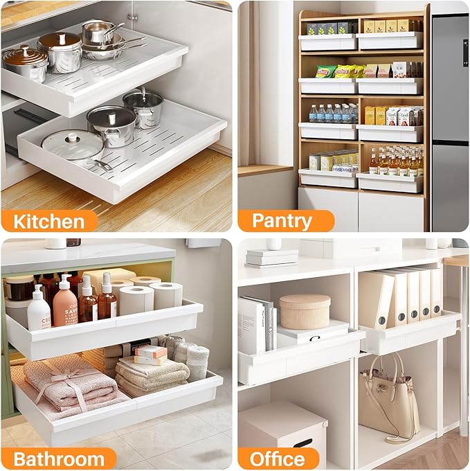 Pull out Cabinet Organizer, 1-Pack Expandable(13.6"-24") Silde out Drawers with Raising Pad for Framed Cabinets, Adjustable Full-Extension Adhesive Roll out Shelves for Kitchen Pantry Home Pot and Pan
