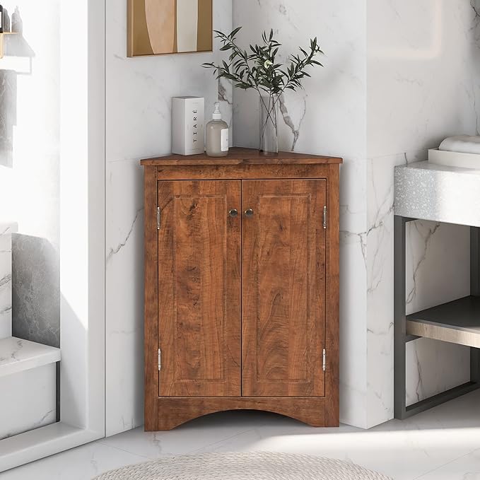 GDFStudio 31.5" H Triangle Corner Bathroom Storage Cabinet with Adjustable Shelves,Freestanding Floor Cabinet for Small Spaces,Water-Resistant Cabinet Modern Organizer for Home,Kitchen,Hallway, Brown