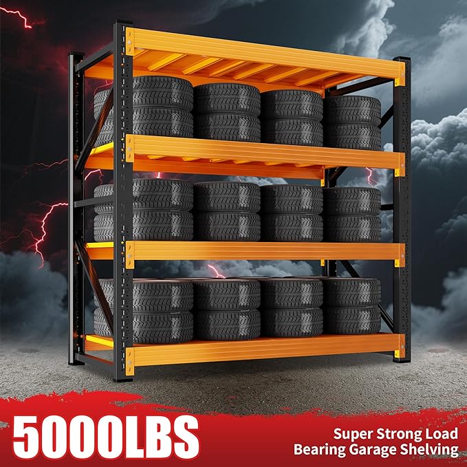 5000LBS Garage Shelving 59" W Garage Shelving Heavy Duty 4-Tier Metal Storage Shelves Adjustable Shelf Unit Storage Rack for Basement Supermarket Warehouse 59" W x 20" D x 78" H Black-Orange