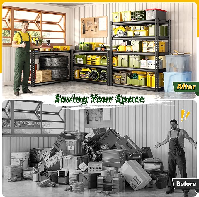 60.1" H Garage Storage Shelves 1990LBS Storage Shelves, 5 Tier Adjustable Metal Shelving, Garage Shelving for Storage, Basement, Warehouse, Pantry, Kitchen, 27.5" W x 11.9" D x 60.1" H, Black