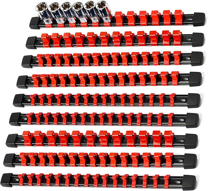 Socket Organizer Drive ABS Tools - Red Socket Holder, Premium Quality 9 Pieces Socket Holders Kit 1/4-Inch x 48 Clips, 3/8-Inch x 45 Clips, 1/2-Inch x 36 Clips
