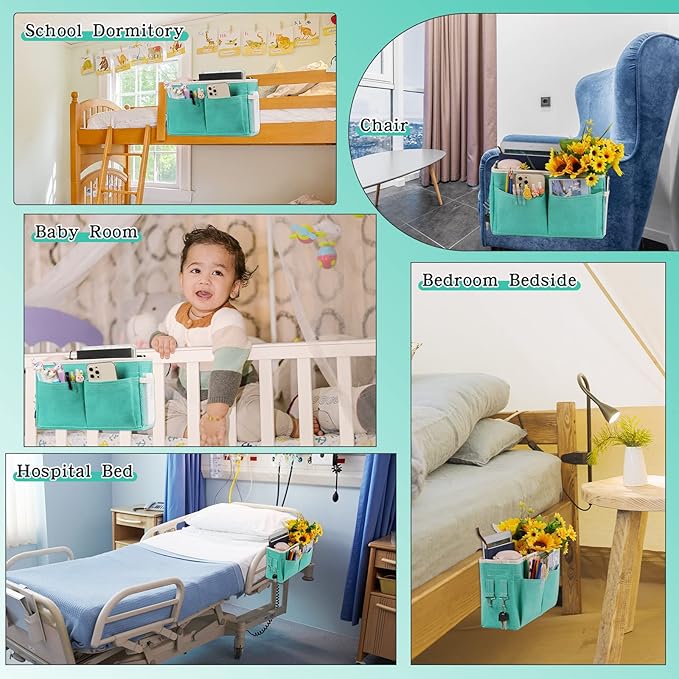 Bedside Caddy Bedside Storage Organizer Hanging Bunk Bed Dorm Room with Side Pockets for Water Bottles, Books, Cell Phones, Headphones 2 Pack (Light Blue)