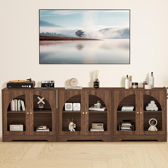 27" Floor Storage Cabinet, Mid-Century Wood Sideboard Buffet Cabinet with Display Arched Acrylic Door & 3-Level Adjustable Shelve for Bathroom, Living Room, Kitchen, Coofee Bar (Walnut)