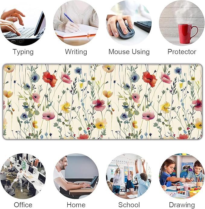 Wild Flowers Large Mouse Pad,Gaming Keyboard Desk Pad,Extended Mouse Mat Non-Slip Rubber Base with Stitched Edges for Office Game Home XL 31.5"x11.8"