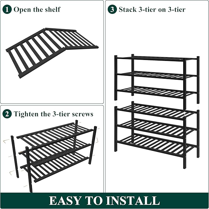 Smiry Bamboo Shoe Rack for Closet, 6 Tier Wooden Stackable Shoe Organizer, Free Standing Shoes Storage Shelf for Entryway, Front Door Entrance, Black