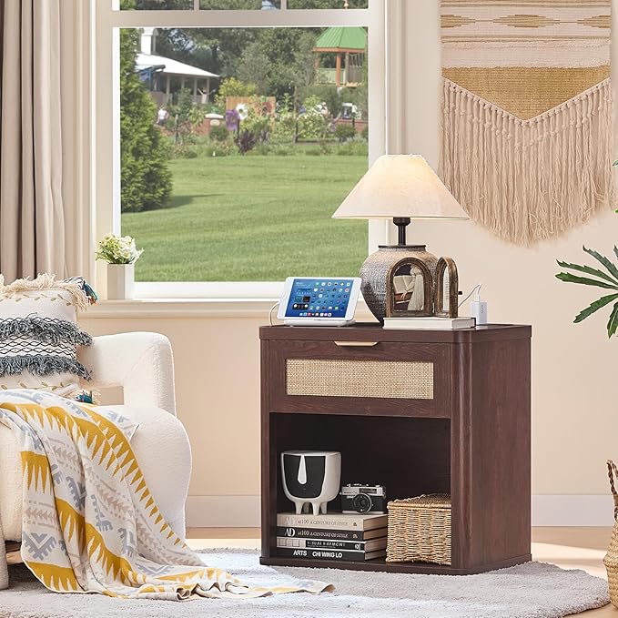 LEYAOYAO Rattan Nightstand with Charging Station, Walnut Night Stand with Drawer, 23" Wide Boho Bedside Table with Storage Shelf, Bed Side End Tables for Bedroom, Living Room, Hallway
