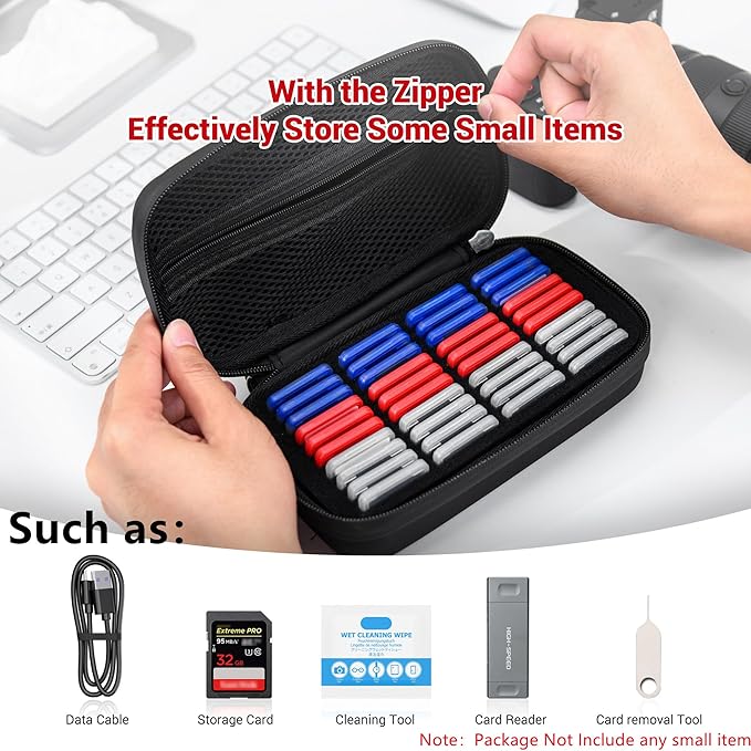 EVA PU SD Card Case with 40 PCS Individual Plastic Memory Card Holder for 40 SD SDXC SDHC Cards,Dual Protect Water-Resistant Anti-Shock SD Card Carrying Case Organizer with Handle & Labels
