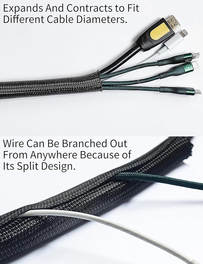 Cable Management Split Wire Loom Sleeve - Cord Hider & Protector for Desk, Pet Chew Proof, Wire Cover Organizer, Flexible Tube for Wires and Cables (5/16 Inch 50FT, Black)