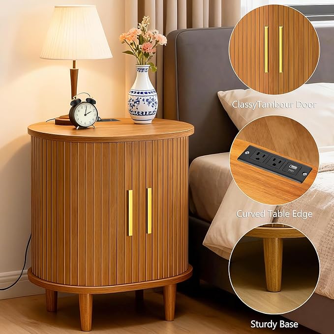 Nightstand with Charging Station, Fluted Accent Side Table with Sliding Door & Adjustable Shelf, Mid-Century Modern End Table for Small Space, Living Room, Bedroom (1, Yellow Walnut)