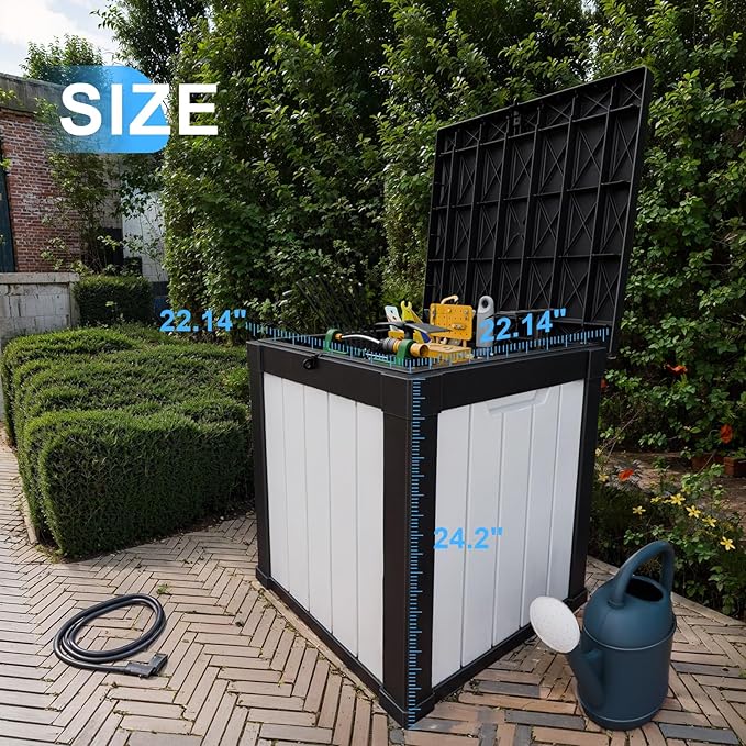 EasyUp 50 Gallon Outdoor Storage Box, Resin Waterproof UV-Resistant Deck Box, Reinforced Stability for Patio, Garden, and Poolside, Striped Black & White