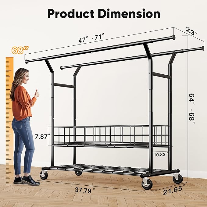 HOKEEPER Heavy Duty Clothes Rack Load 625 LBS, Clothing Rack for Hanging Clothes, Adjustable Black Double Rod with Metal Basket, Portable Rolling Garment Rack with Wheels for Bedroom, Laundry Room