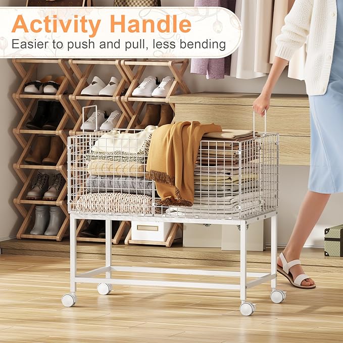 Large Rolling Laundry Basket Cart,Wire Laundry Hamper Cart with Handle and Wheels,White High Laundry Hamper for Laundry Room,Bedroom and Bathroom-120L White (29.5" L*19.7" W*27.95" H inch)
