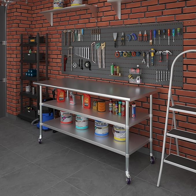 AmGood Stainless Steel Work Table with 2 Shelves and Casters | Metal Utility Table On Wheels (Stainless Steel Work Table with 2 Shelves + Casters, 72" Long x 30" Deep)