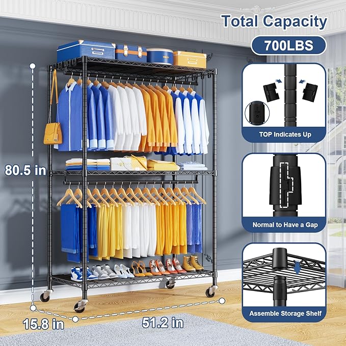 P8 Heavy Duty Clothes Rack（With Extended Width Design） Rolling Clothing Racks for Hanging Clothes，Portable Garment Rack with Lockable Wheels，51.2" W x 15.8" D x 80.5" H，Max Load 700LBS，Black