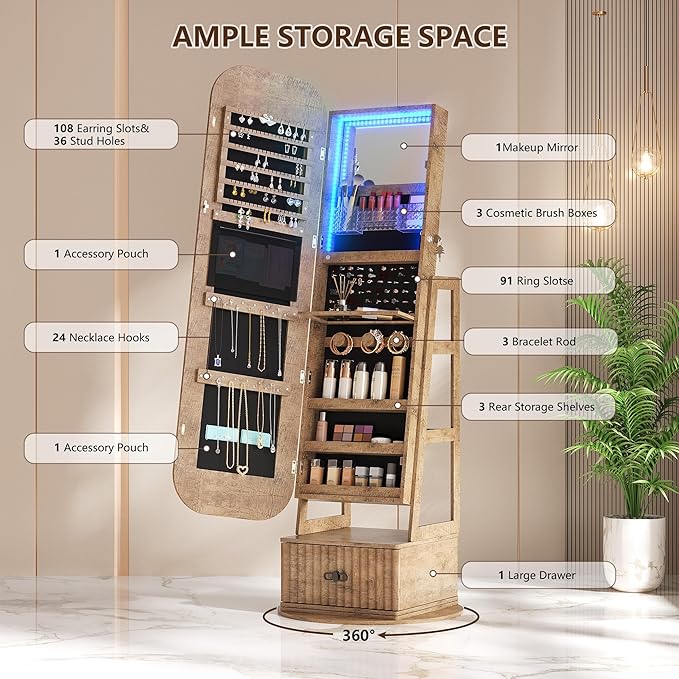 360°Swivel jewelry organizer with Full Length Mirror with Lights,Jewelry Armoires Cabinet Standing with Drawer,Large Mirror Storage for Jewelry and Makeup（Wood）