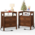 Night Stand Set of 2 with Charging Station, 20" Large Modern Side Table with Solid Round Post Legs, 2 Drawers End Table with Open Shelf, Nightstand for Bedroom, Walnut