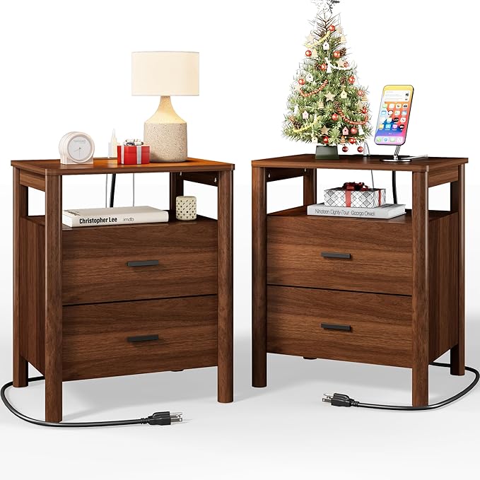 Night Stand Set of 2 with Charging Station, 20" Large Modern Side Table with Solid Round Post Legs, 2 Drawers End Table with Open Shelf, Nightstand for Bedroom, Walnut