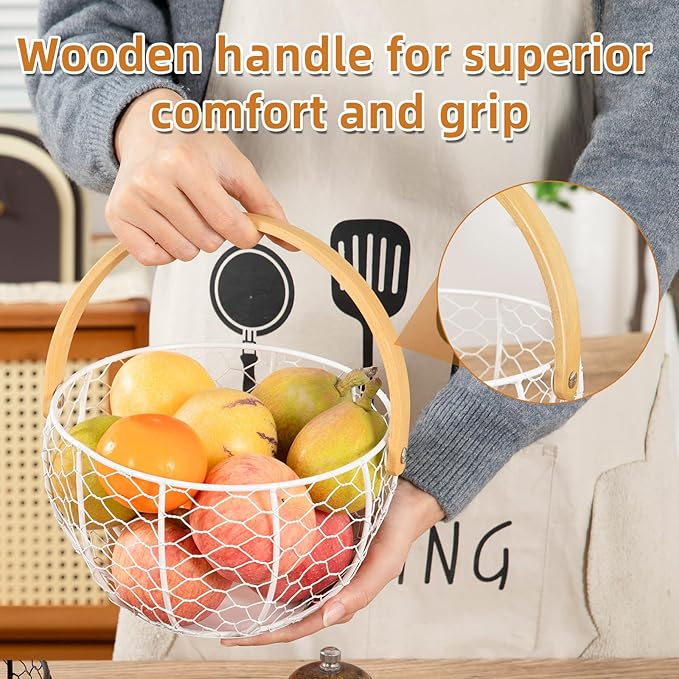 Farmhouse Wire Egg Basket for Gathering Fresh Eggs with Wooden Handle, Vintage Style Metal Egg Collecting Basket Countertop Storage Container Holder for Kitchen Decor and Fruit Bin (White)