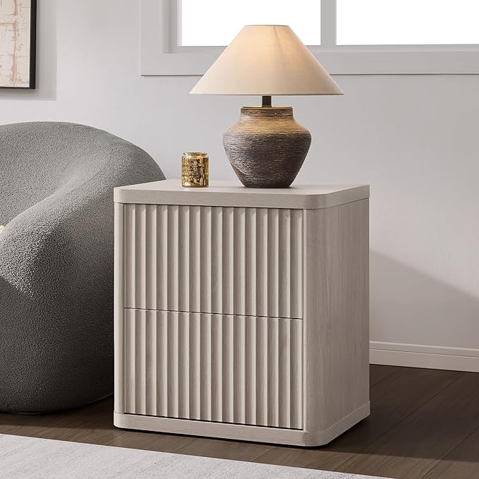 SICOTAS Night Stand Nightstand with 2 Drawers Storage Bedside Table Large Fluted Bed Side End Table Modern 24.4" Tall Wide Night Stands for Bedroom Living Room Sofa Couch Home Office, White Alder