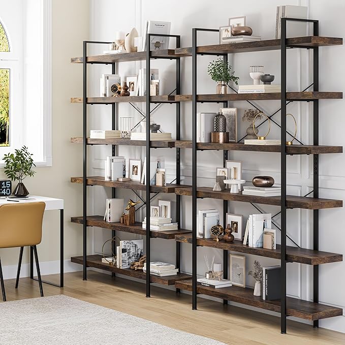 Heavy Duty 6-Tier Industrial Bookcase, 47" Wide Wood Bookshelf for Home Office, 120lbs Shelf Capacity, Rustic Open Shelving Display with Reinforced Horizontal Shelf for Living Room Bedroom