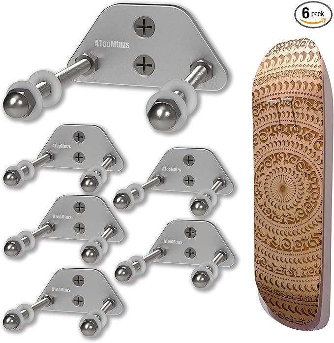 Skateboard Wall Mount Display(6 Packs)-Aluminum Ramp Shape Skateboard Deck Wall Mount with Two Screw Holes for Horizontal and Vertical Hanging Skateboard Display Decor