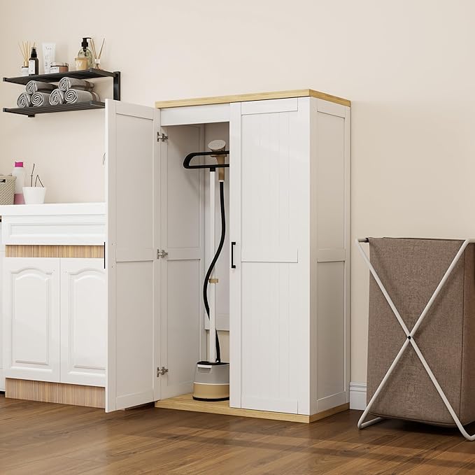Wooden 55" Tall Broom Closet Storage Cabinet for Vacuum Cleaner & Floor Scrubbers with 2 Doors and Adjustable Shelf, Cleaning Supply Cabinet with Bottom Openwork for Laundry Room, Garage
